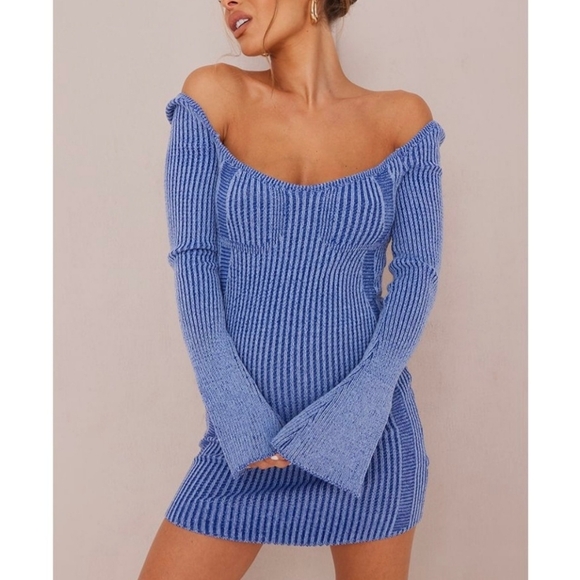 New Pretty Little Thing Maternity Blue Knit  Contrast Dress Size 6 - Picture 1 of 11